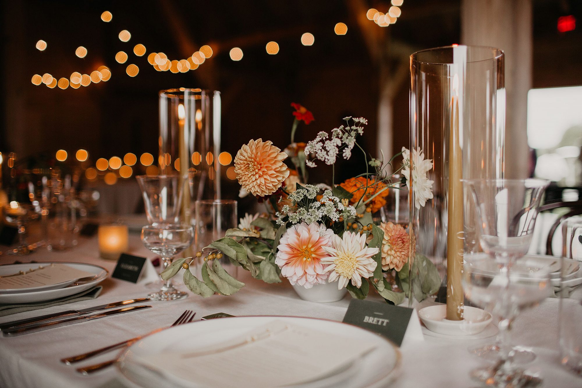 Seated dinner in barn